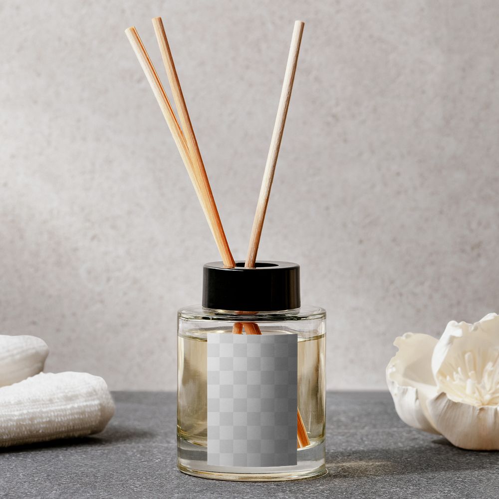 Label mockup png, home aroma reed diffuser bottle