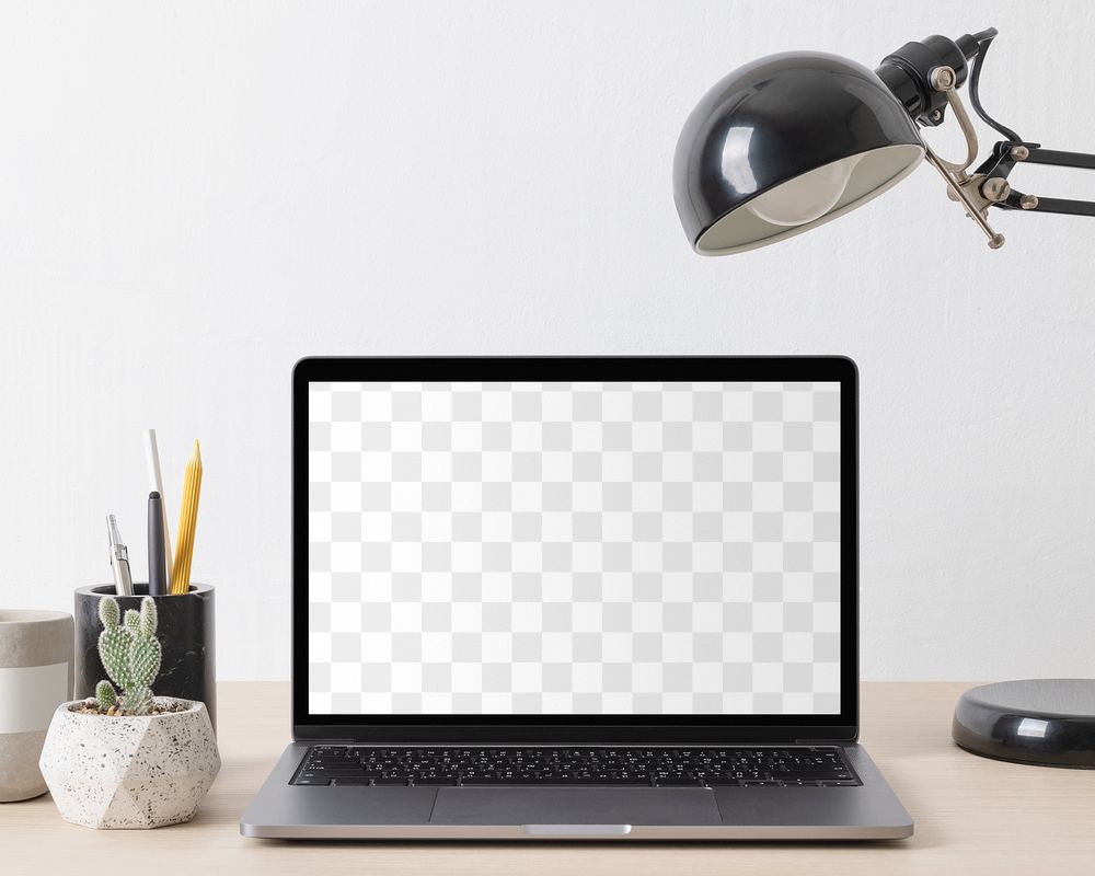 Laptop png, transparent screen, minimal workspace design for work from home