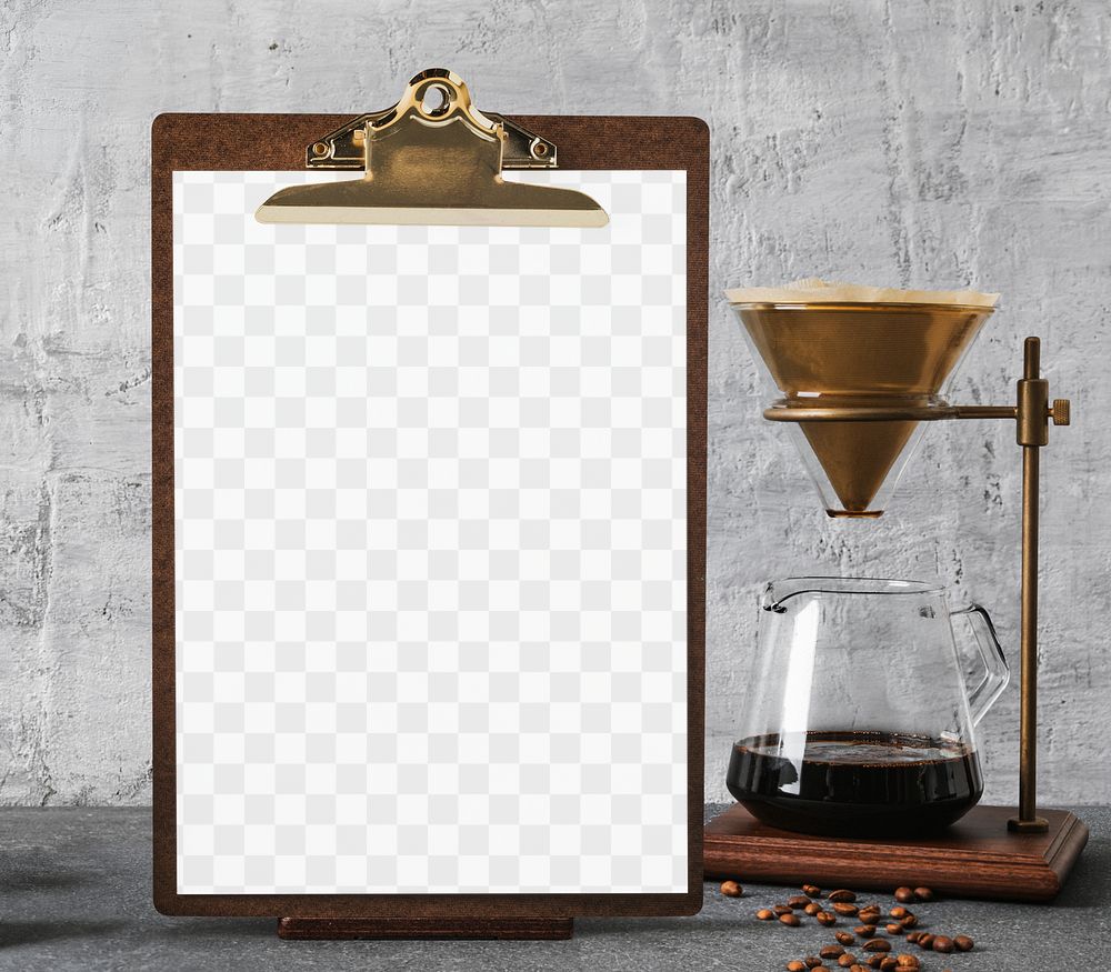 Paper mockup png, coffee shop menu, pour over coffee maker