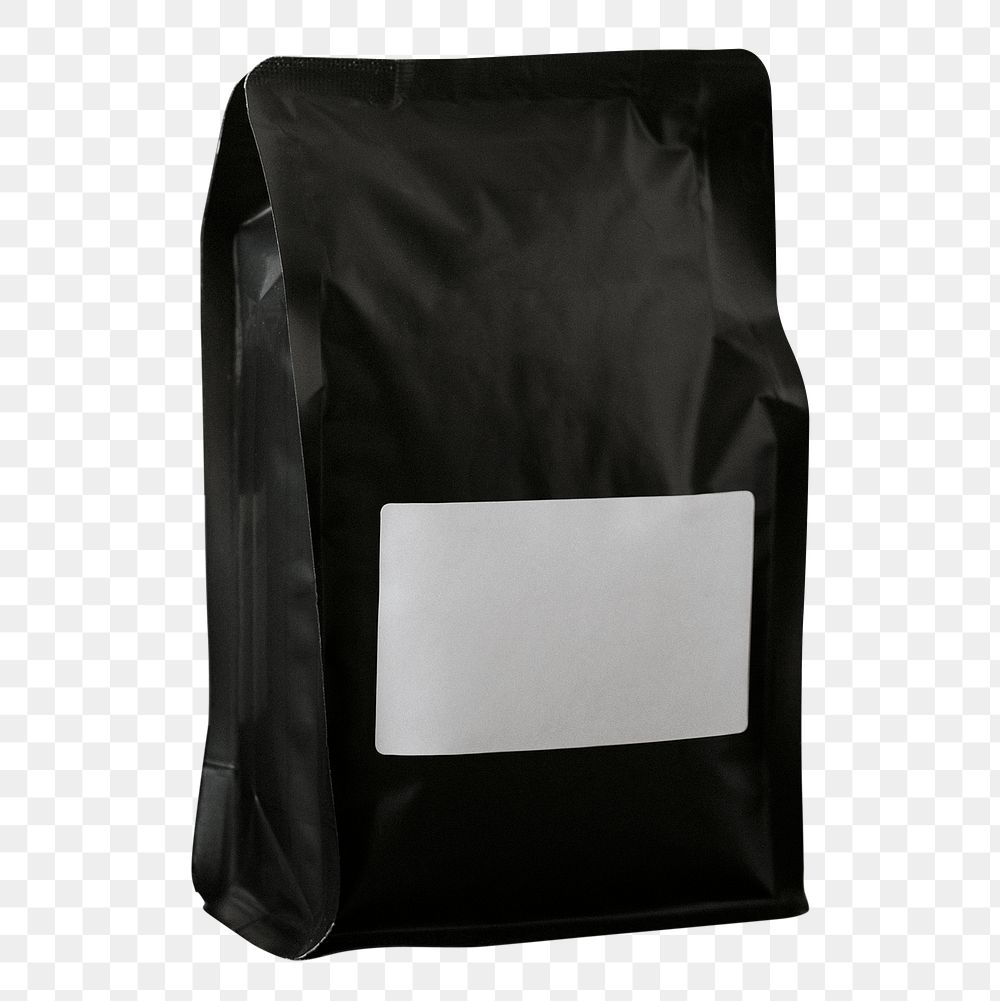 Coffee bag png, black paper pouch packaging design, blank white label