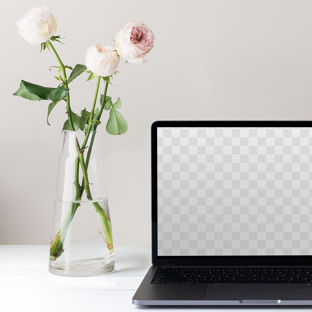 Laptop transparent screen png mockup, minimal workspace, white flower decoration
