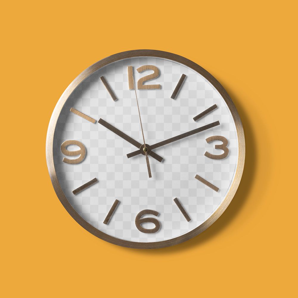 Round clock png mockup, wall decoration in transparent design