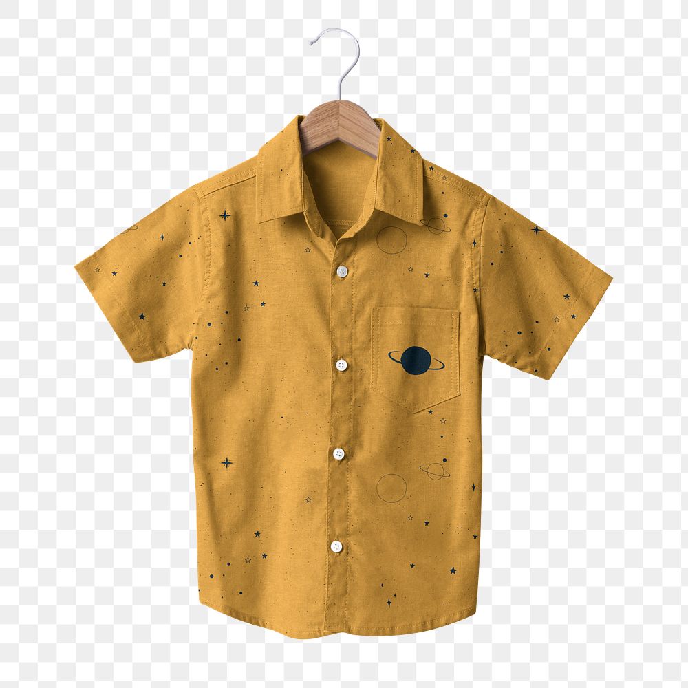 Yellow shirt png, kids apparel with galaxy graphic transparent background