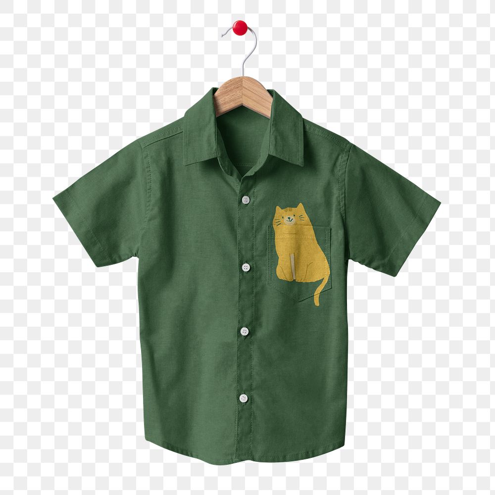 Green shirt png, kids apparel with cat graphic transparent background