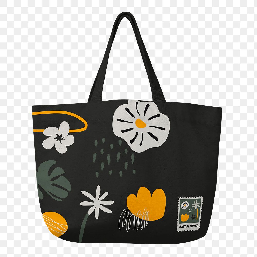 Reusable shopping bag png, printed floral pattern in black