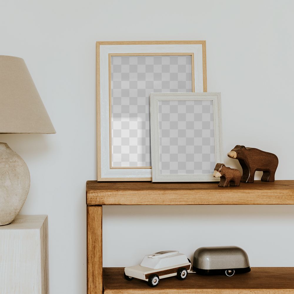 Aesthetic picture frame png mockups, on wooden shelf