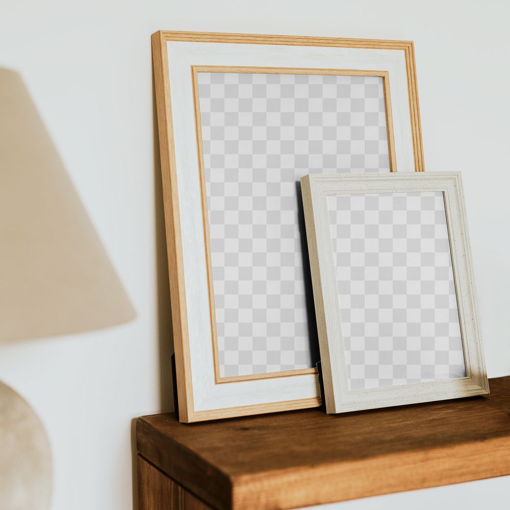 Aesthetic picture frame png mockups, on wooden shelf