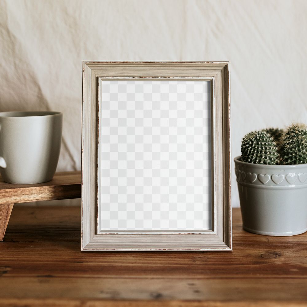 Wooden picture frame png mockup, work space with coffee cup