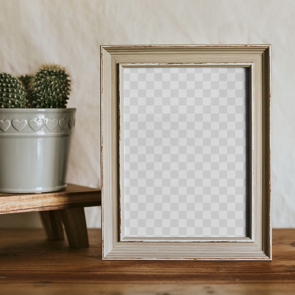 Wooden picture frame png mockup, work space with coffee cup