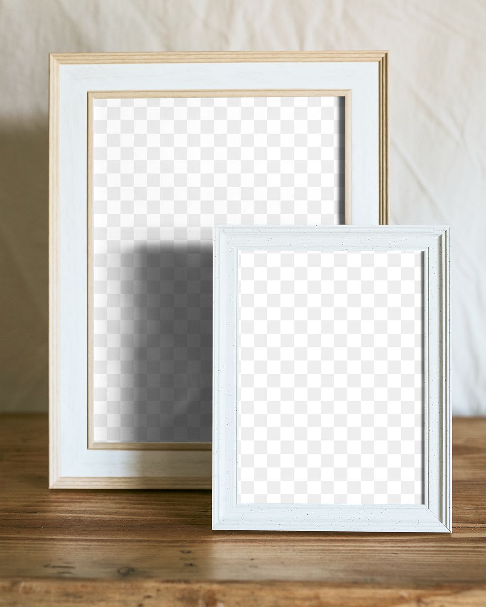 Two picture frame png mockups, on wooden shelf