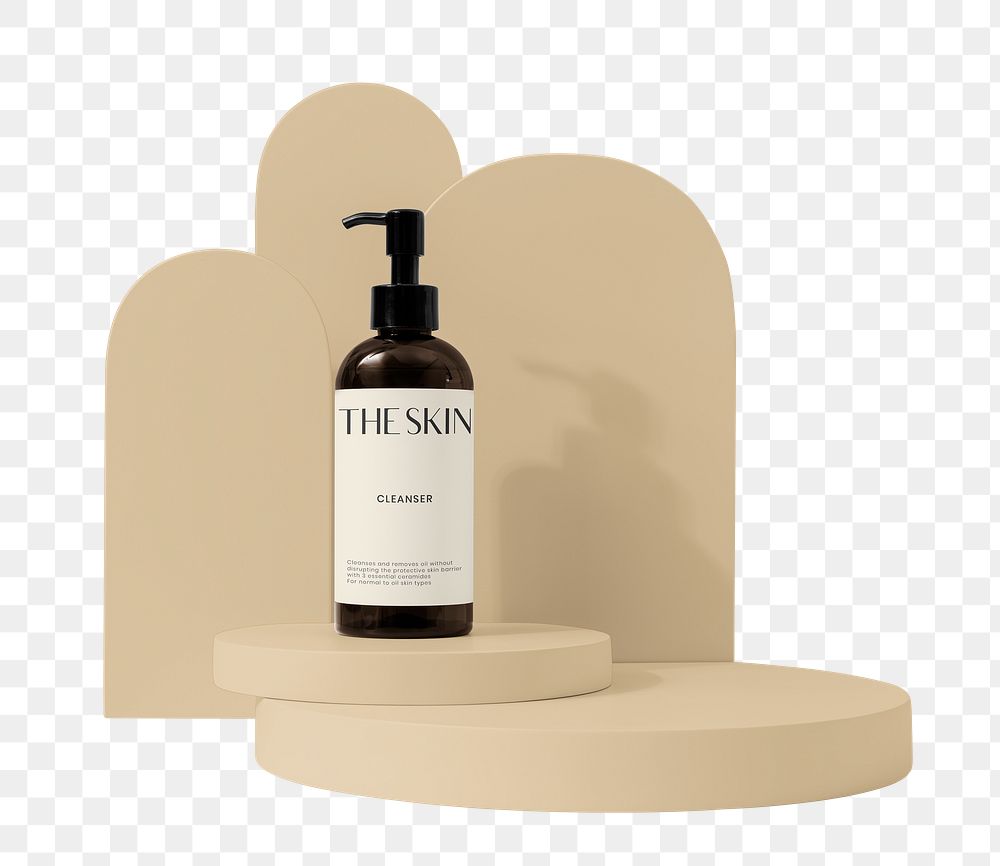 Skincare pump bottle png, beige product podium, isolated object design