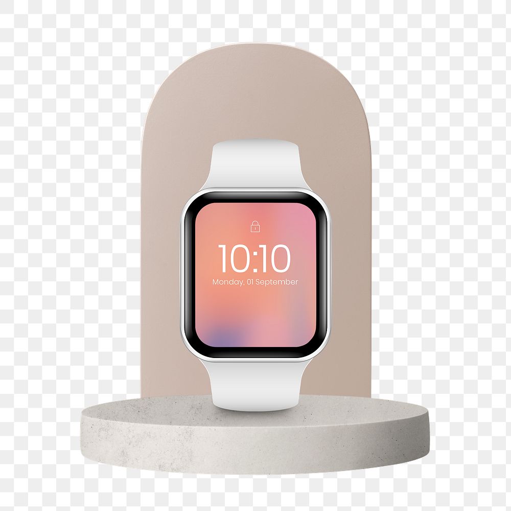 White smartwatch png, aesthetic screen wallpaper, beige product podium, isolated object design