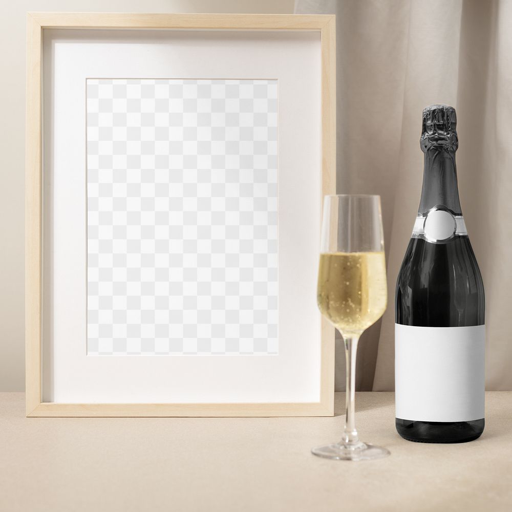 Photo frame png mockup, celebration aesthetic with wine bottle and glass