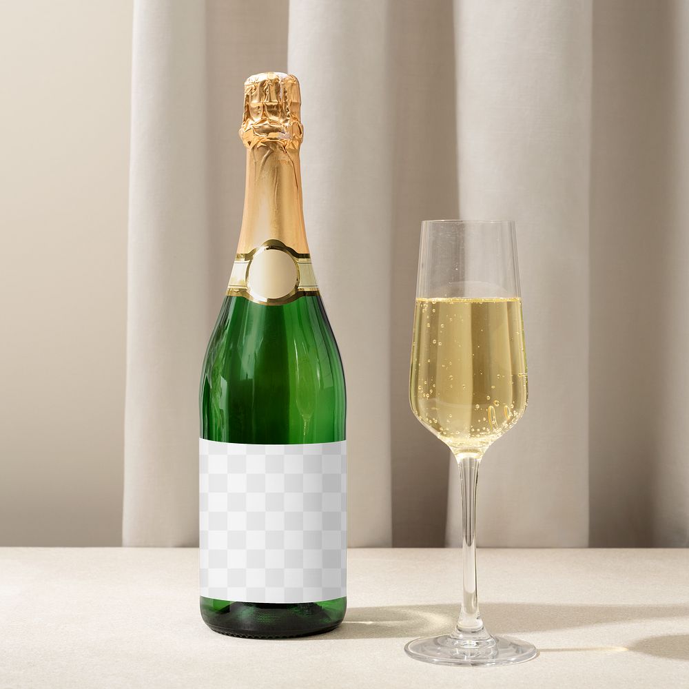 Champagne bottle png label mockup, beverage product packaging