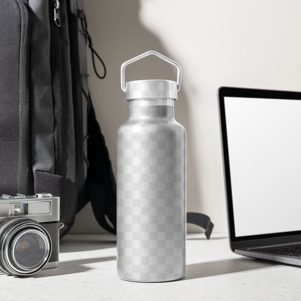 Thermal bottle png mockup, realistic product, aesthetic workspace