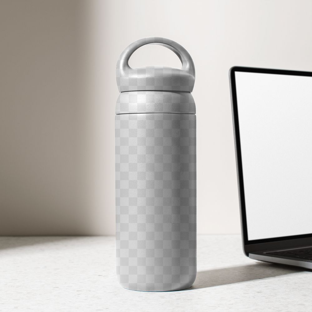 Thermal bottle png mockup, realistic product, aesthetic workspace