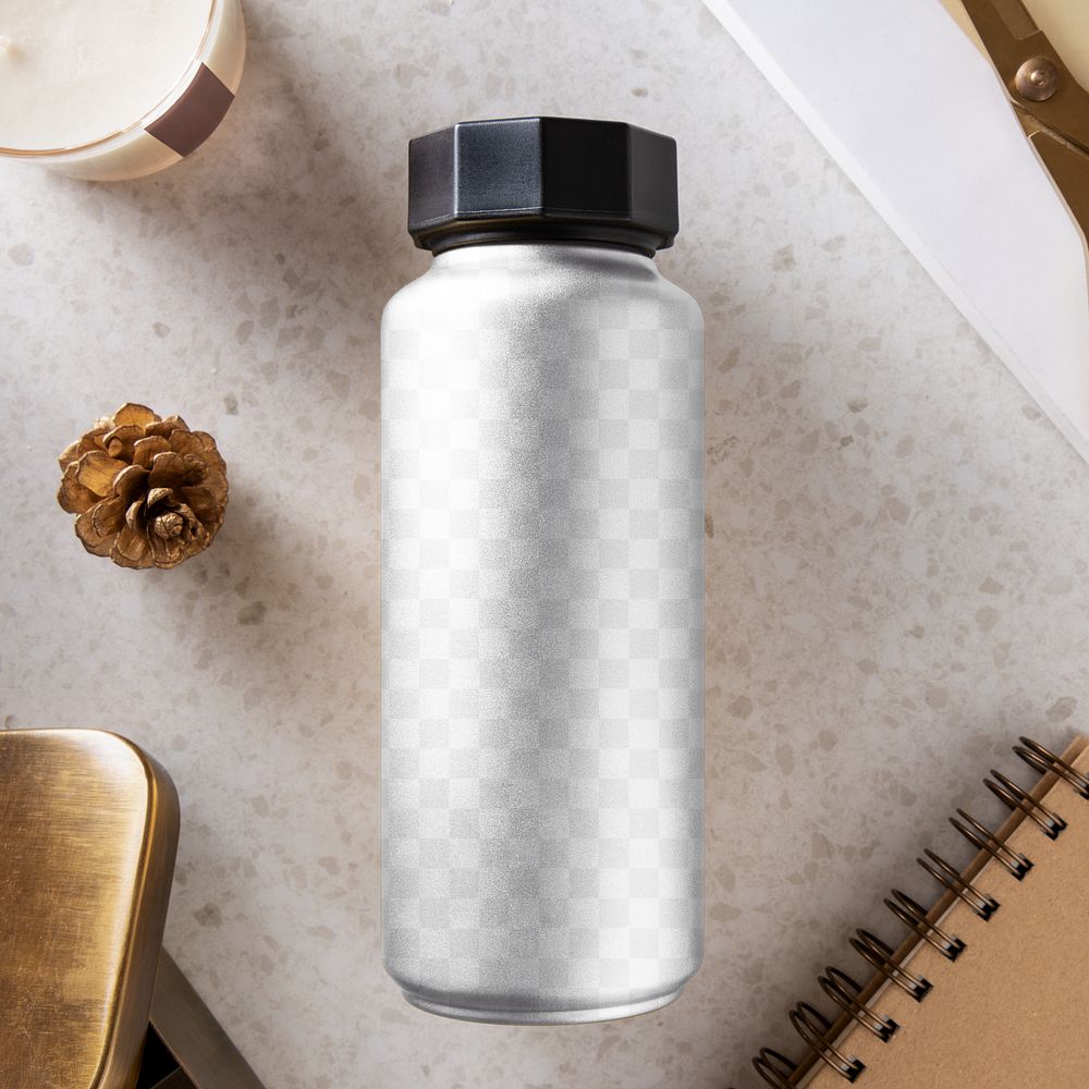 Thermal bottle png mockup, realistic product, transparent design
