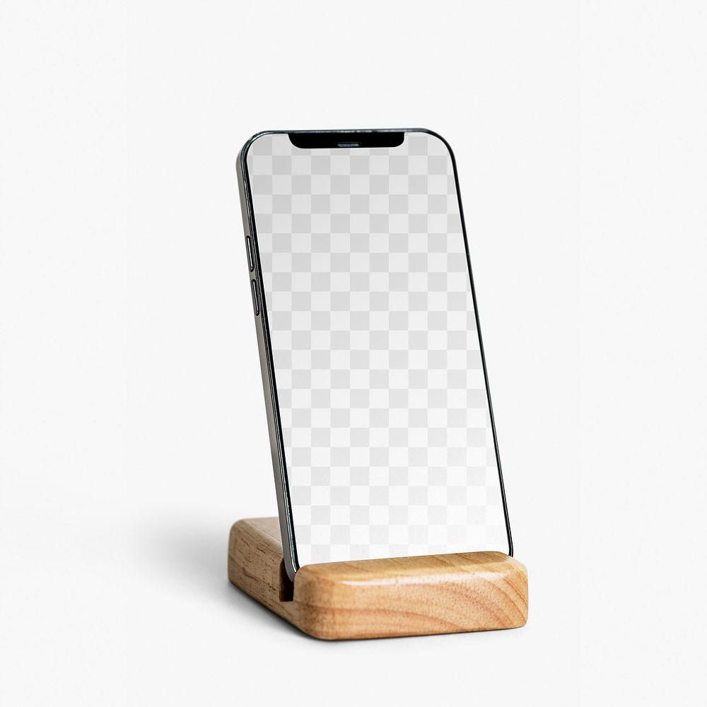 Mobile screen mockup png transparent, on wooden holder