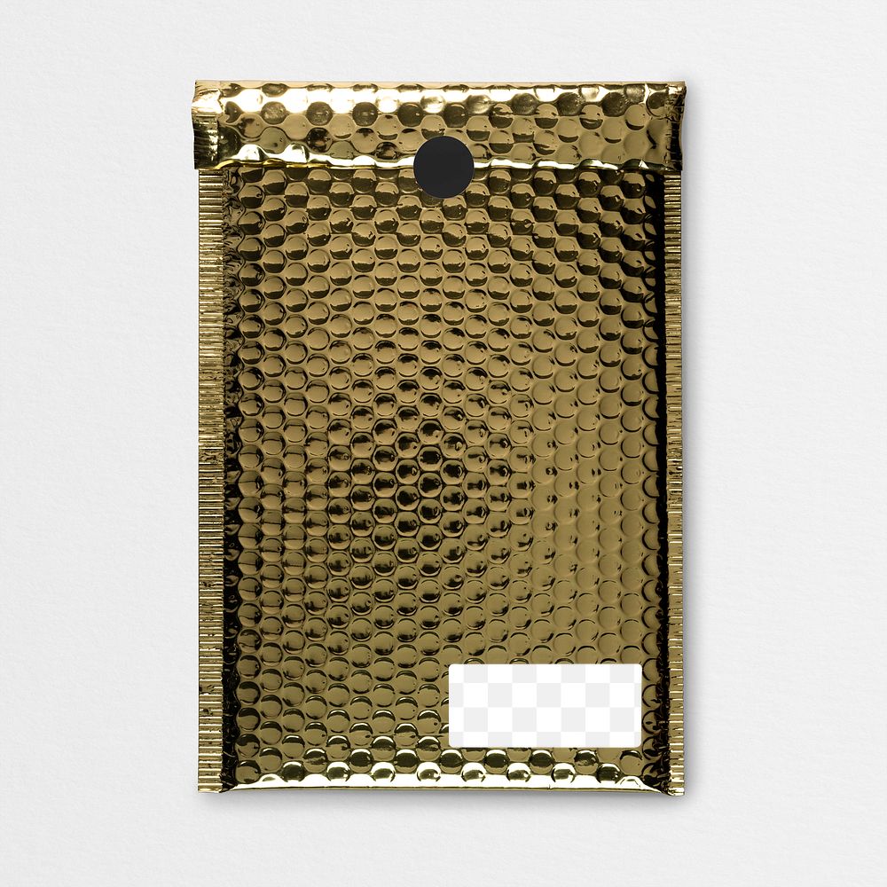 Shipping label mockup png transparent, gold bubble mailer bag