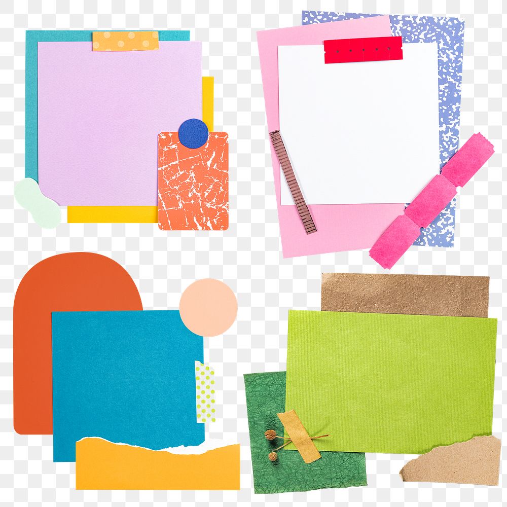 Sticky note png stickers, cute stationery design, transparent background set