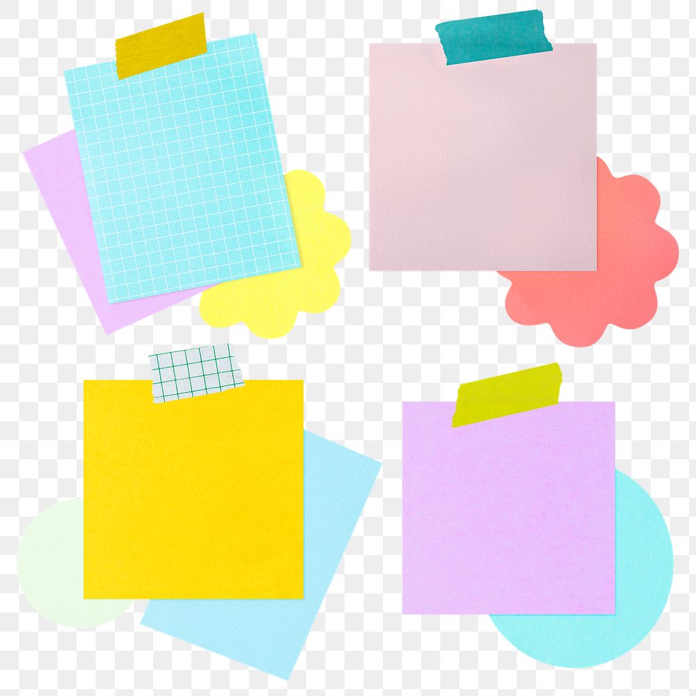Sticky note png stickers, stationery design, transparent background set