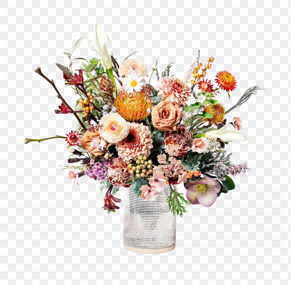 PNG flower bouquet in glass vase, design element