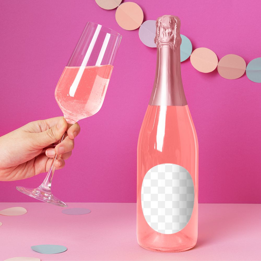 Rose sparkling wine png bottle mockup, aesthetic packaging