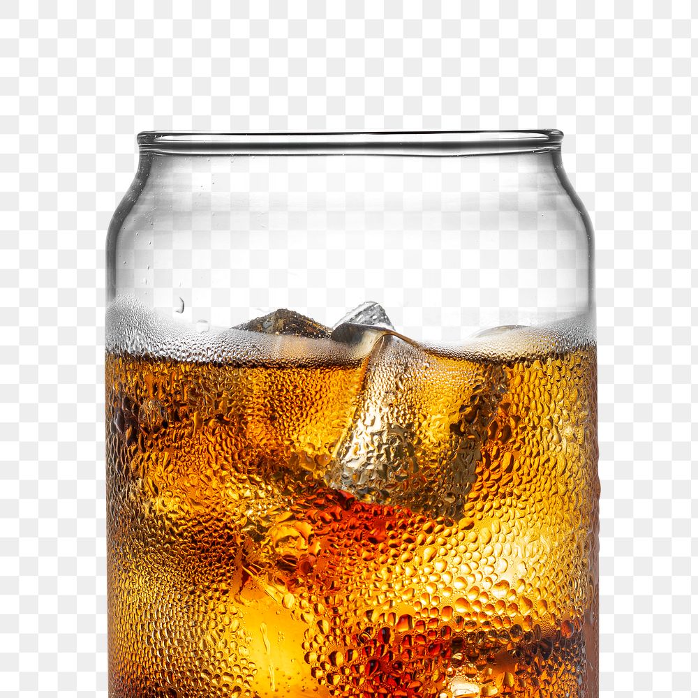 Cold carbonated drink over ice cubes in a can shaped glass 