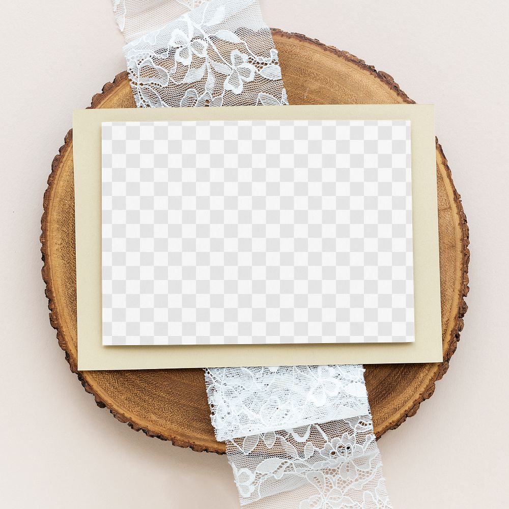 Card mockup with beige envelope on a wooden plate