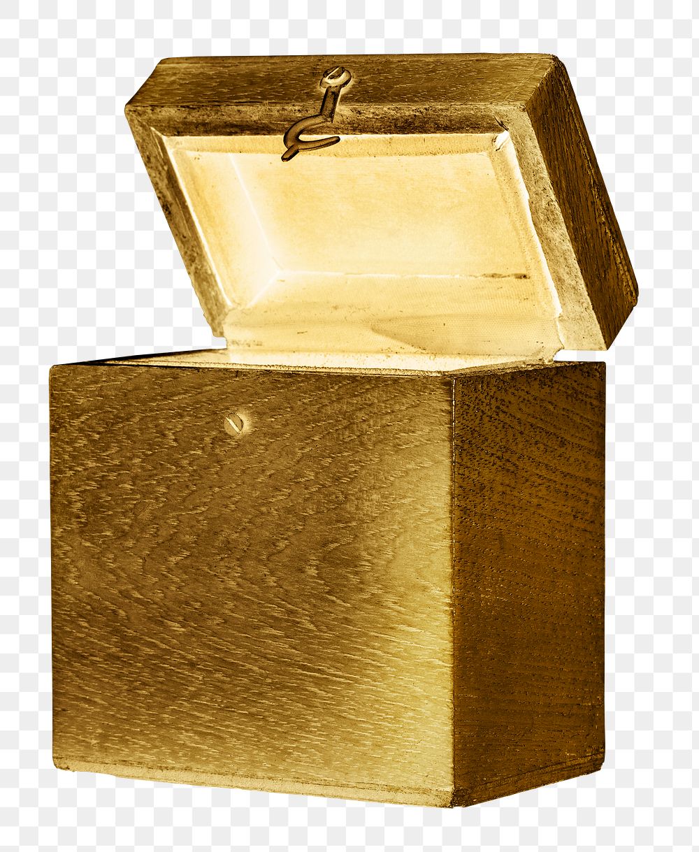 Wooden treasure chest with metal latch in gold color effect design element