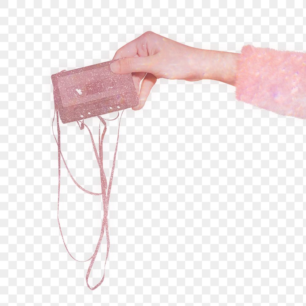 Woman holding a glittery old school cassette tape design element