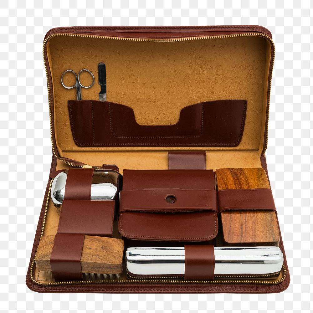 Travel kit in a brown leather  bag design resource