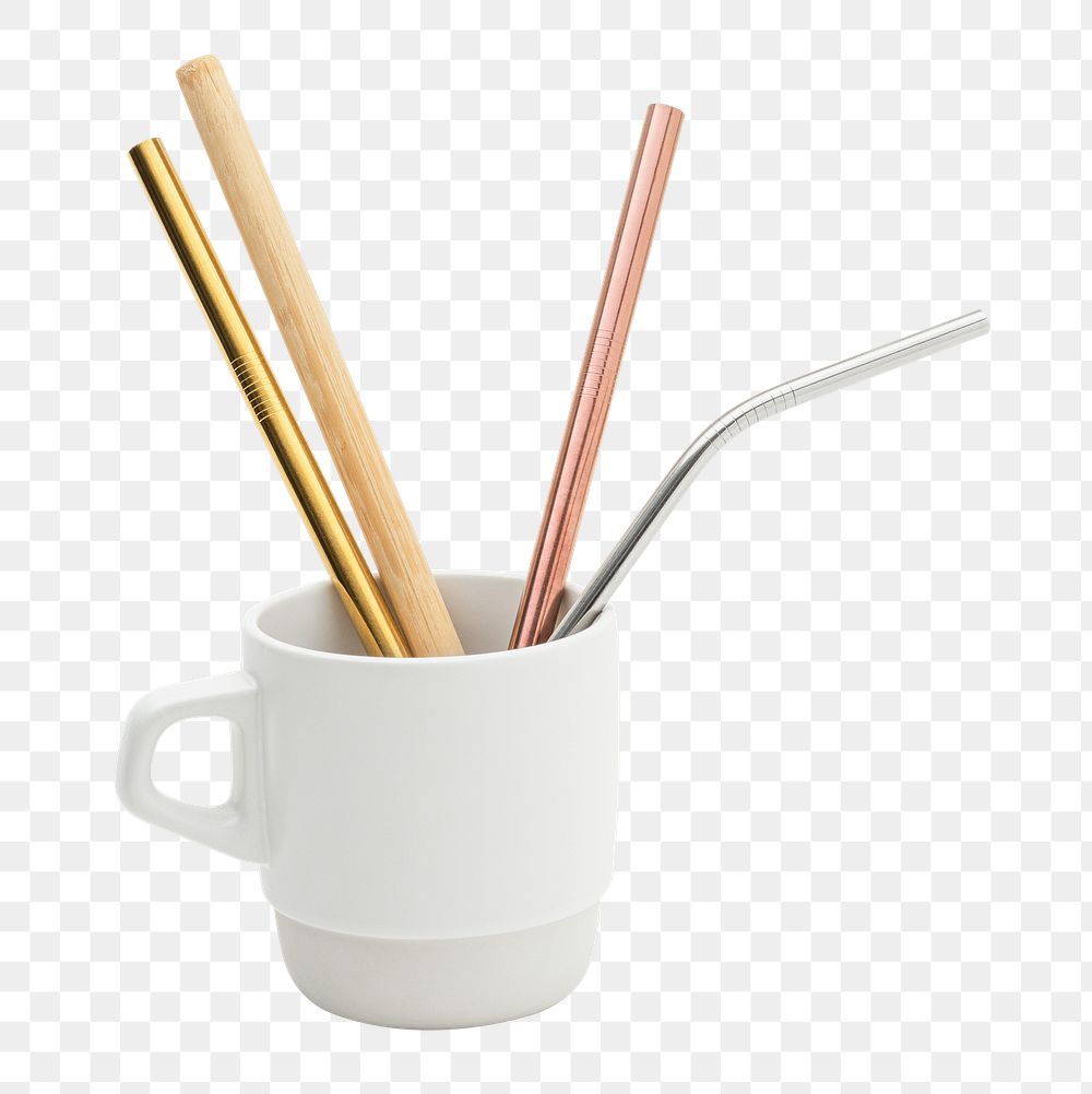 Set of reusable straws in a white cup design element