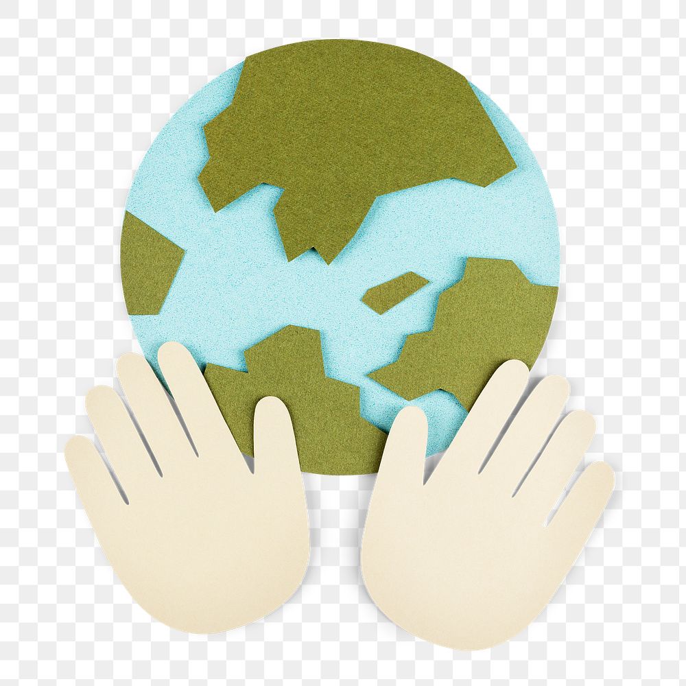 Hands supporting the planet earth during coronavirus pandemic paper craft element transparent png
