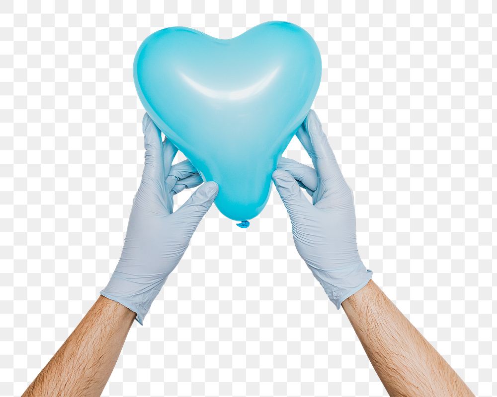 Gloved hands holding a blue heart shaped balloon design element