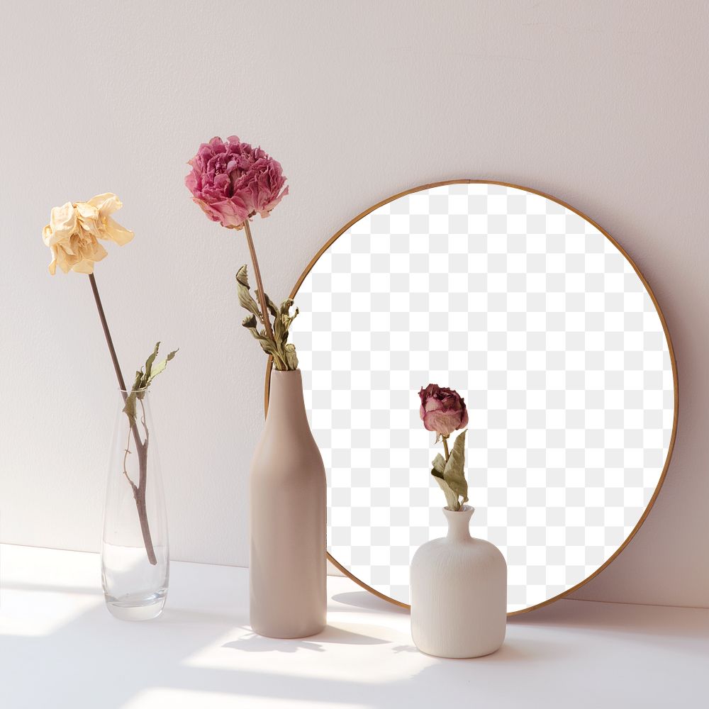 Dried flowers in minimal vases by a round mirror mockup