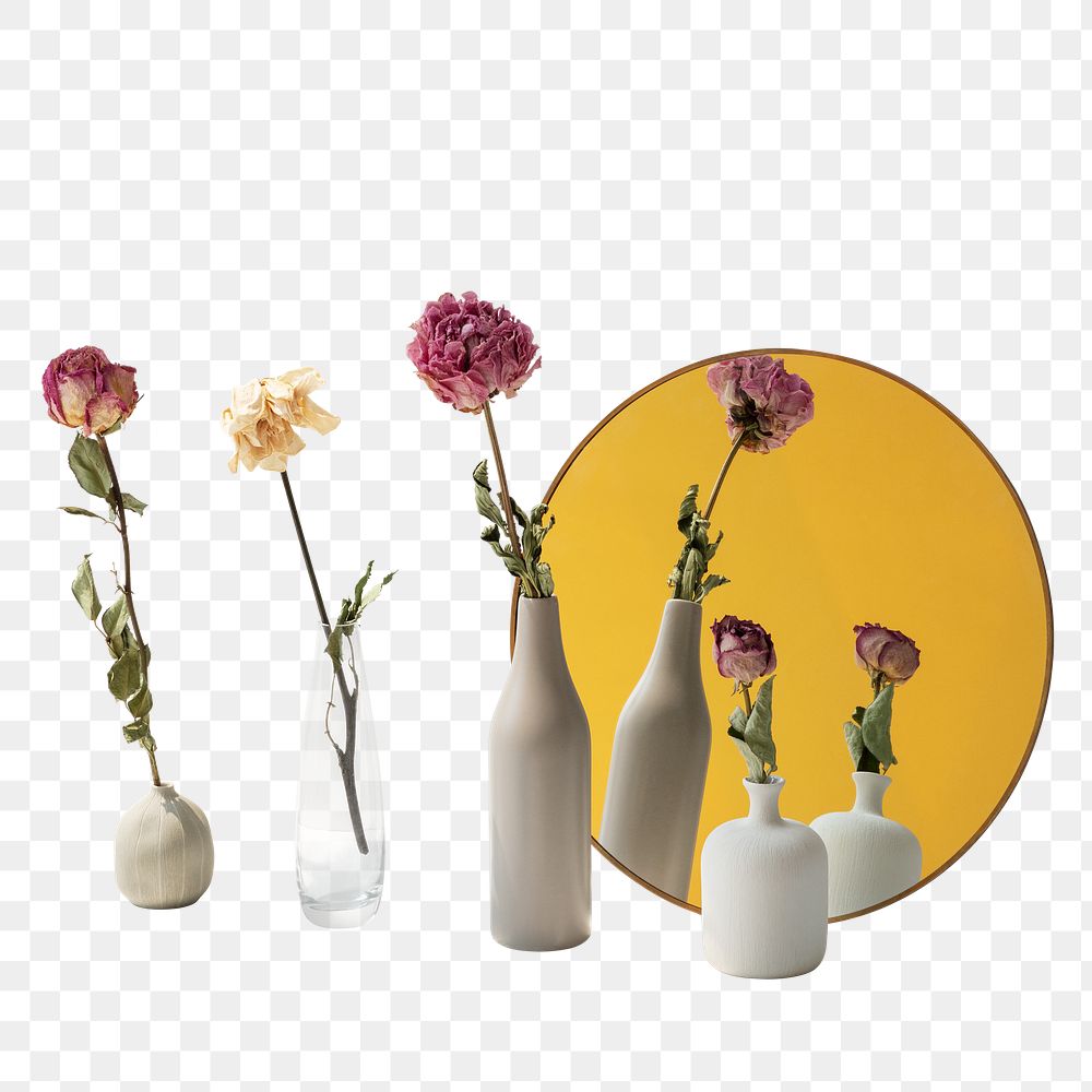 Dried flowers in minimal vases by a round mirror design element