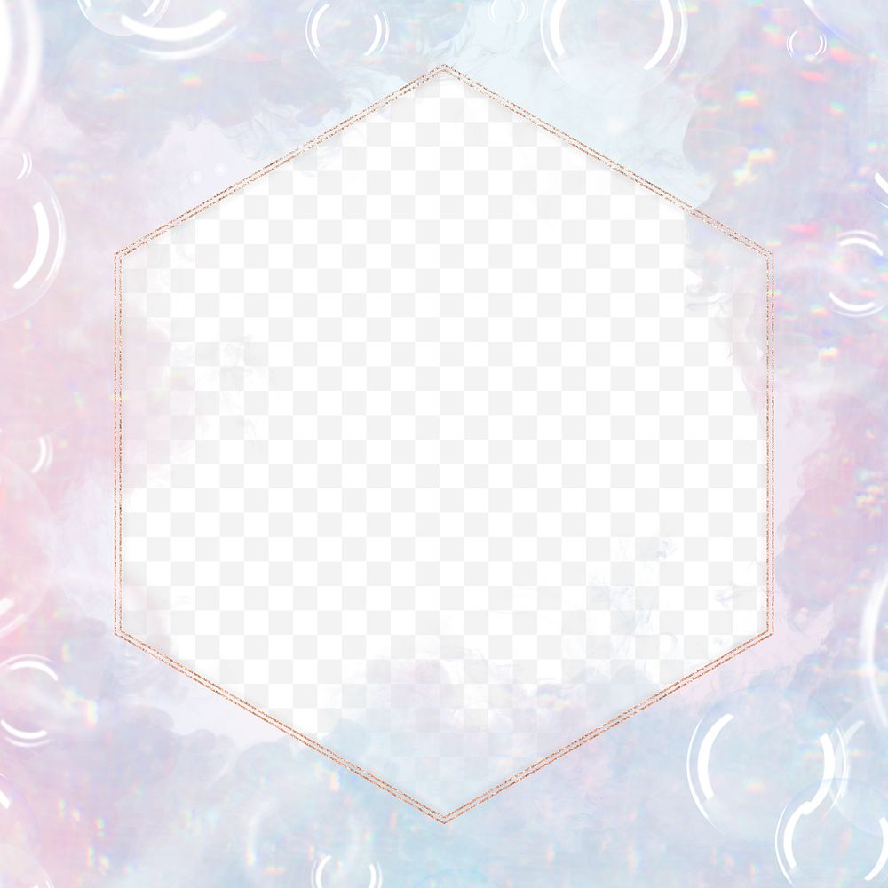 Glittery hexagon frame on a pastel soap bubble background design element