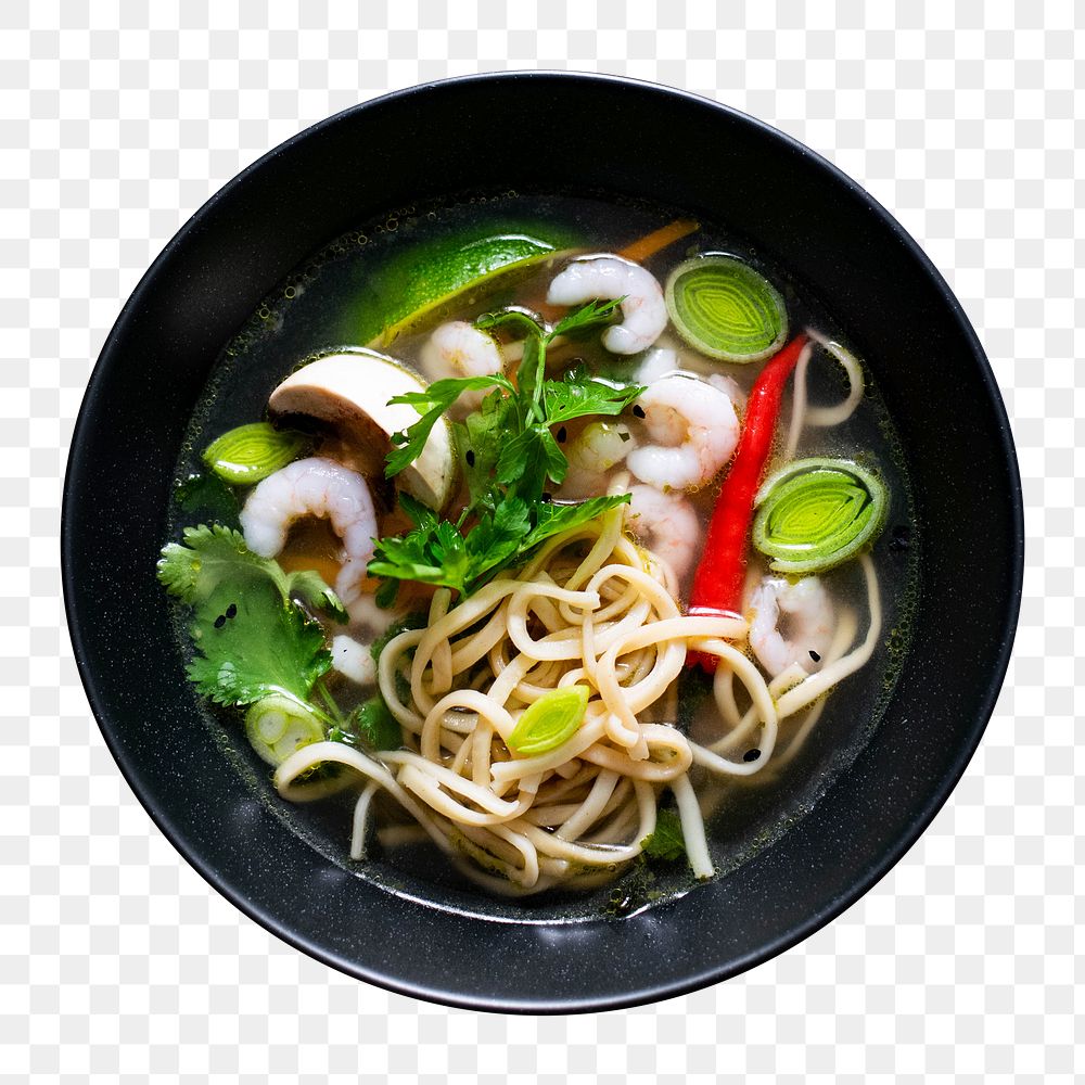 Authentic asian noodles in a black bowl design element