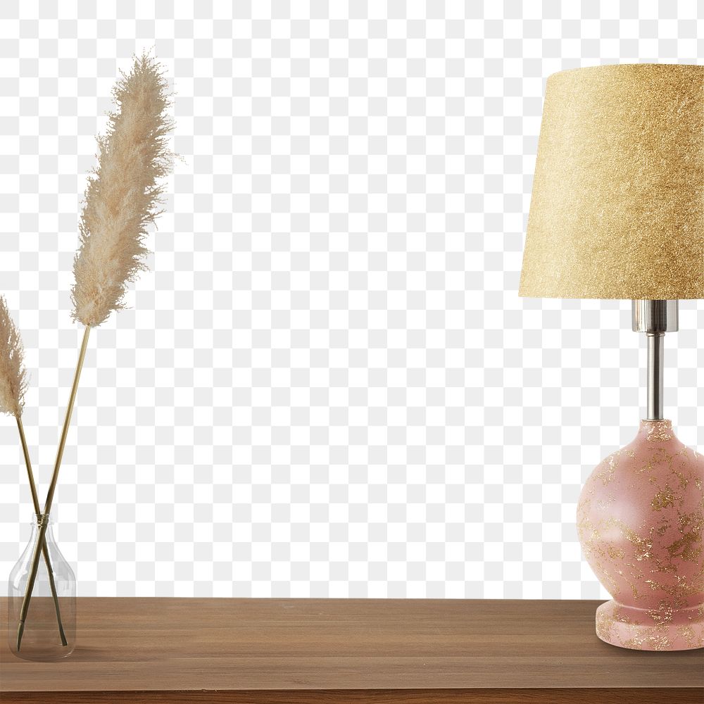 Pink lamp with vase on a wooden table design element
