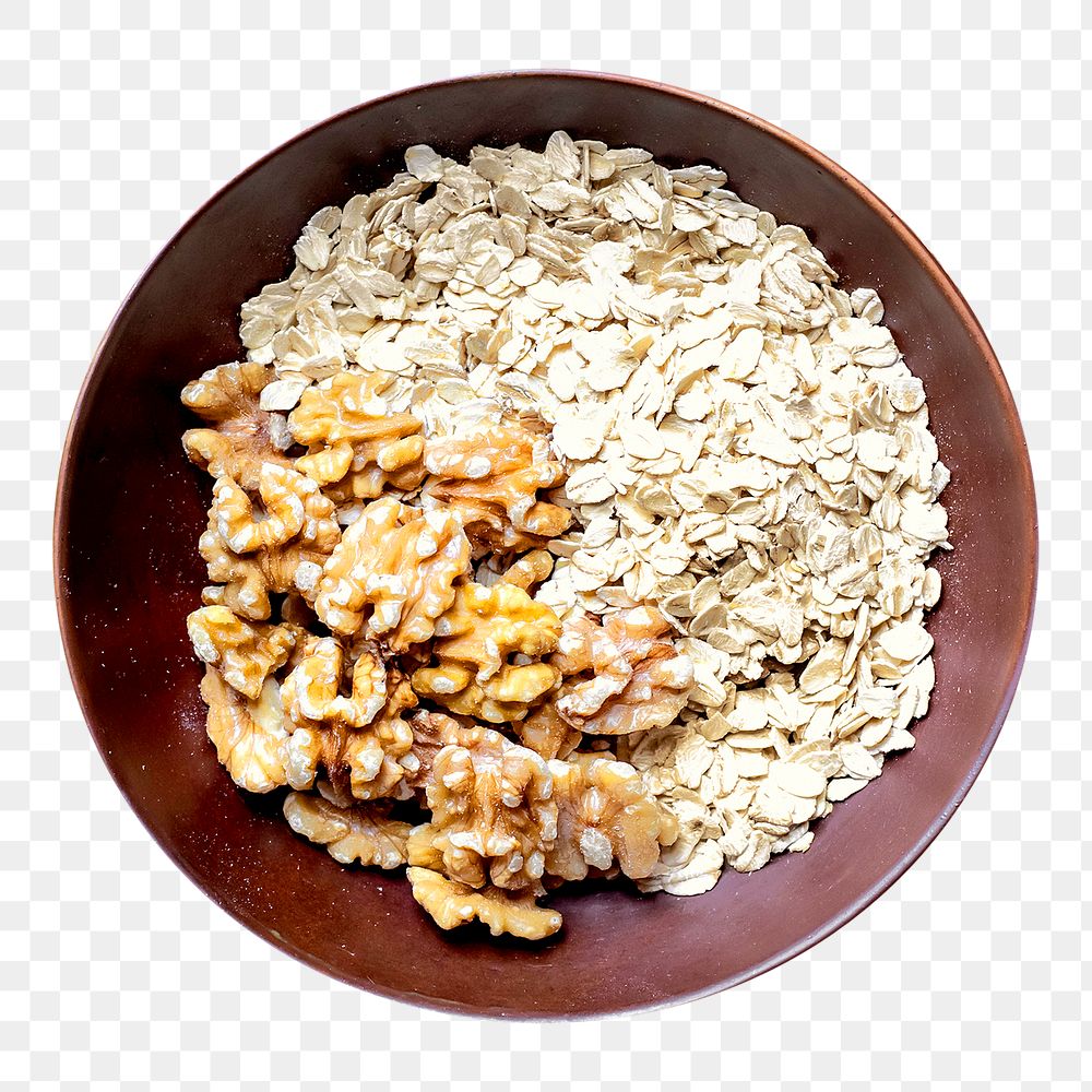 Png oatmeal walnuts in bowl flat lay