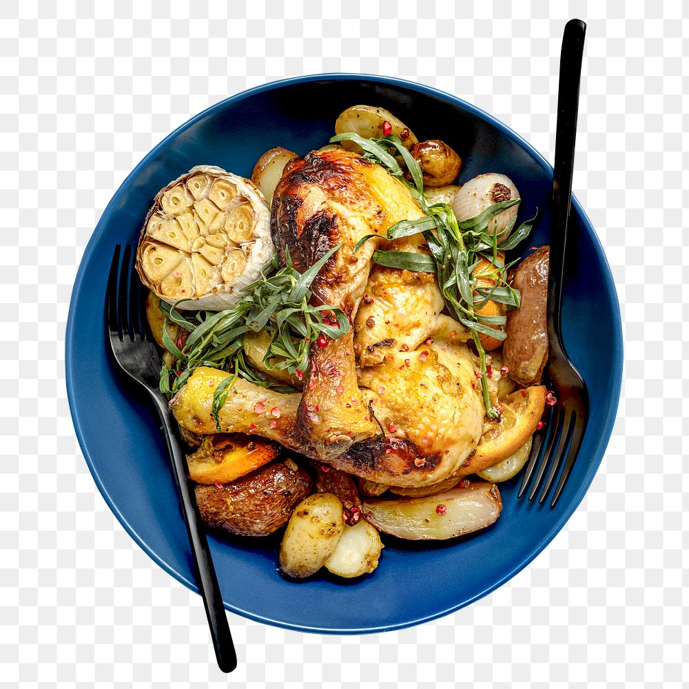 Roasted chicken png mockup with potatoes holiday dinner food photography