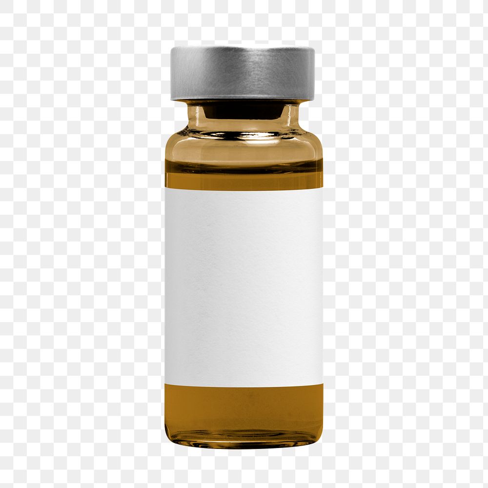 Png amber injection bottle with blank white label mockup