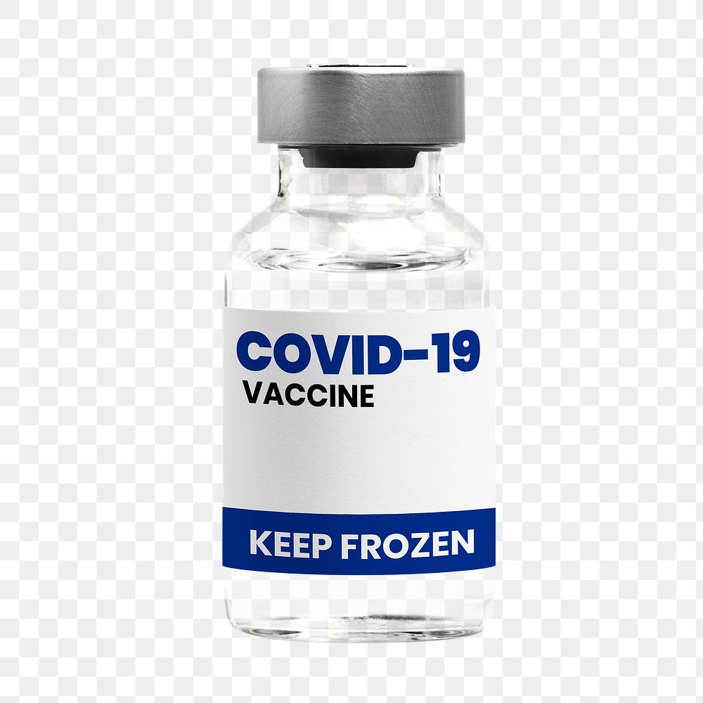 Png COVID-19 vaccine label on injection glass bottle mockup with storage condition
