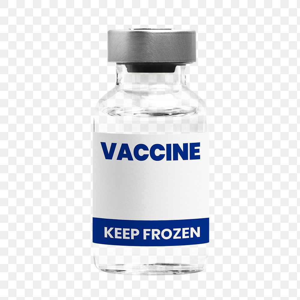 Png vaccine label on injection glass bottle mockup with storage condition