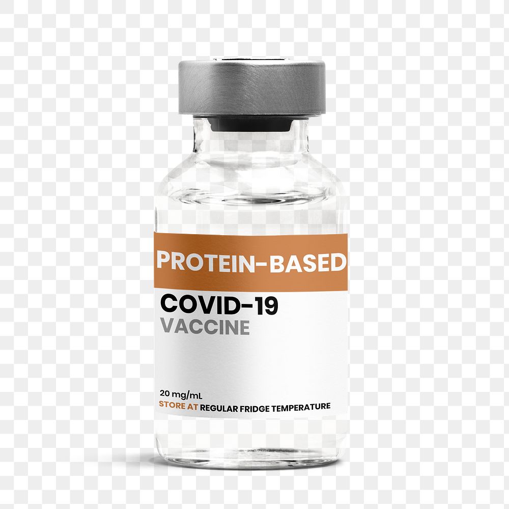 Png label on injection glass bottle mockup for protein-based vaccine
