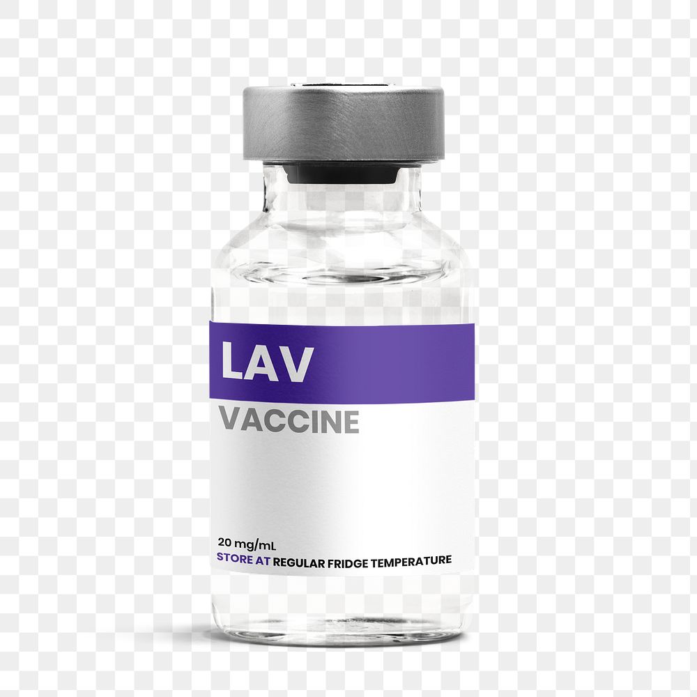 Png vaccine label on injection glass bottle mockup for LAV vaccine