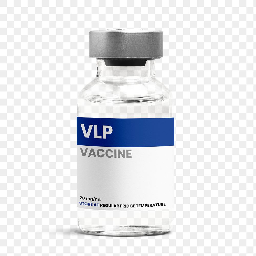 Png label on injection glass bottle mockup for VLP vaccine