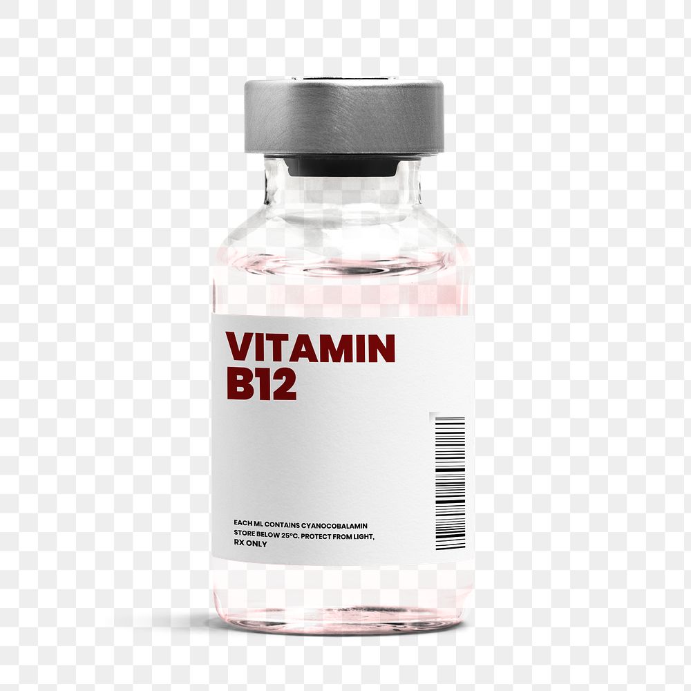 Vitamin B12 injection glass bottle png with label mockup