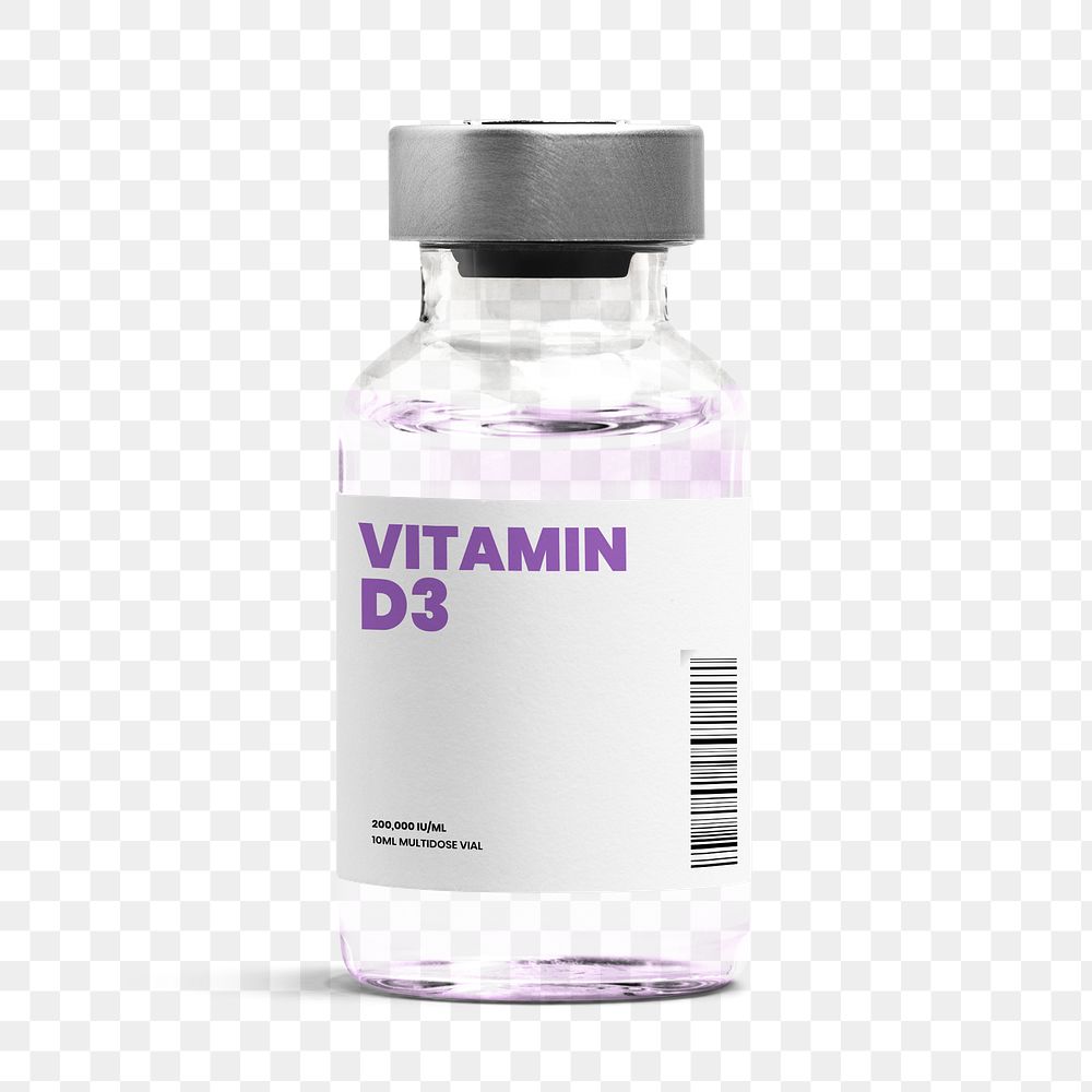 Vitamin injection glass vial png with label mockup